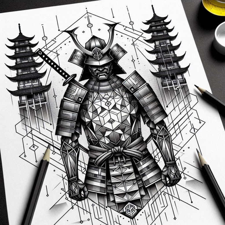 Black and grey cover-up-ready tattoo project featuring a samurai, katana, armor, and pagoda.