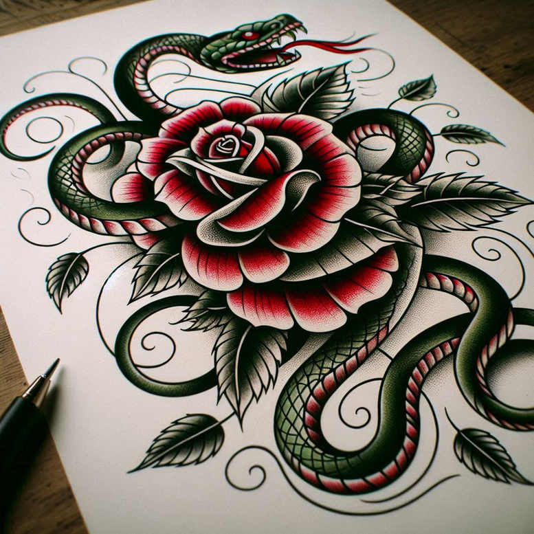 Colorful traditional rose and snake tattoo design with red petals, green scales, and dark leaves; project suitable for a cover-up.