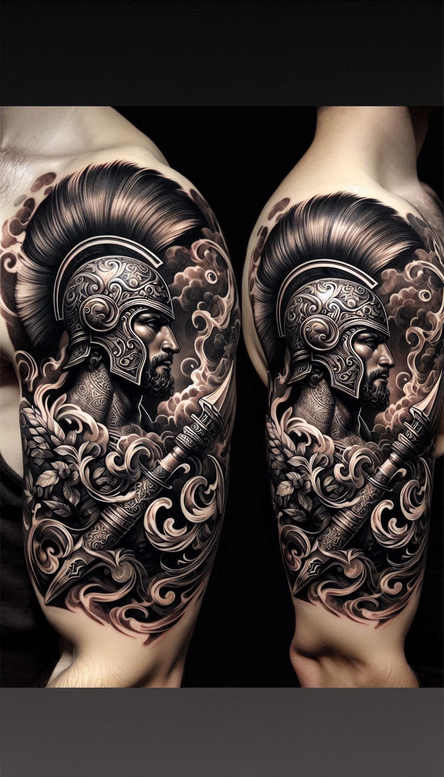 Two black and grey sleeves depict a helmeted warrior, arm, clouds, swirling waves, leaves, and intricate pattern.