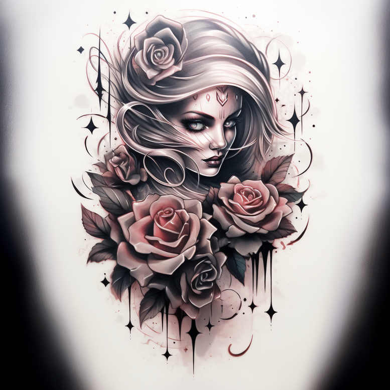 Woman portrait in black and grey with roses, leaves, star accents and drips; AI-generated tattoo project; ideal for cover-up.