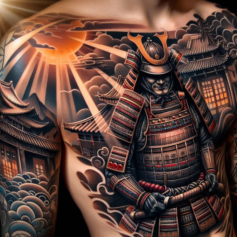 Samurai in detailed armor with helmet, sun, clouds and pagoda; red and blue accents; black and grey shading; tattoo design project; cover-up suitable.