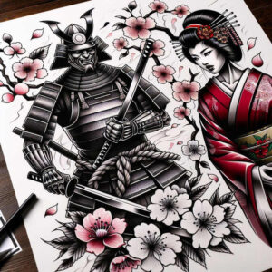 Samurai in black-and-grey armor beside a geisha in a red kimono, with pink and white cherry blossoms; AI-generated tattoo project; cover-up suitable.