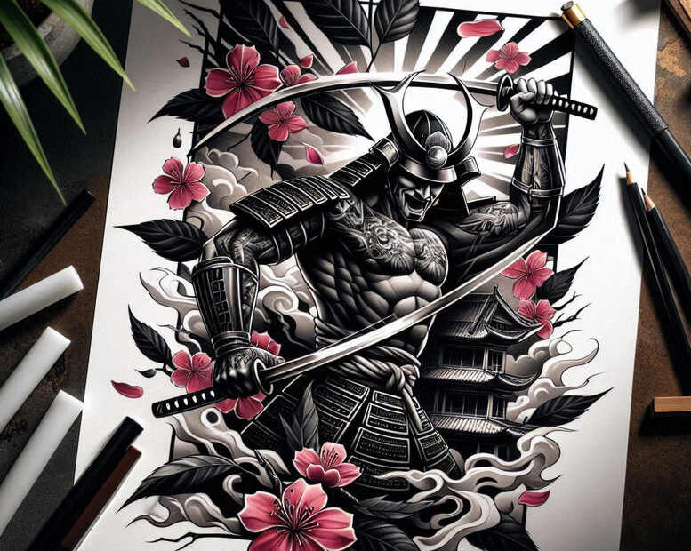 Samurai warrior in black and grey armor wields a katana, surrounded by pink hibiscus flowers, dark leaves, wispy clouds, and a distant pagoda; tattoo project idea; ideal for cover-up.