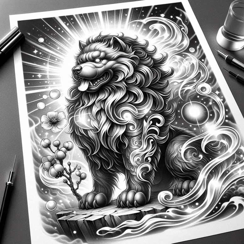 Black and grey wolf on rock with flower, branch, and orbs; AI-generated tattoo project idea for a cover-up.