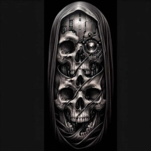 Skull, hood, gear, wire, and machine, all in black and grey; AI-generated tattoo project; suitable for a cover-up.