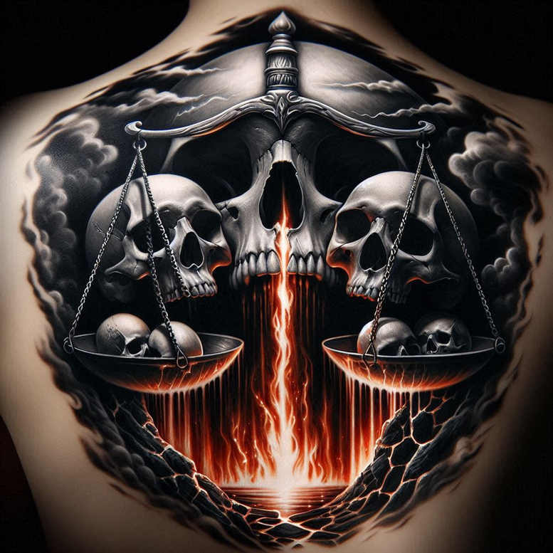 Back tattoo in black and grey featuring skulls, blade, scales, chains, bowls, and lava pattern; cover-up-ready project.