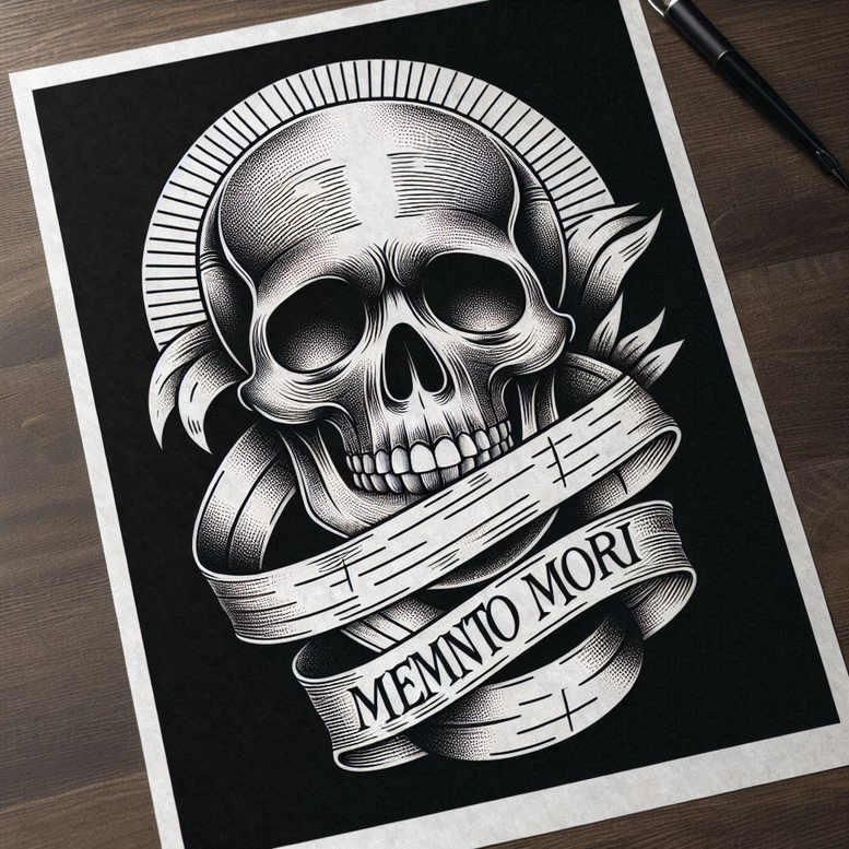 Skull, banner, and halo in white linework on a black background; black and grey shading; tattoo project ideal for a cover-up.