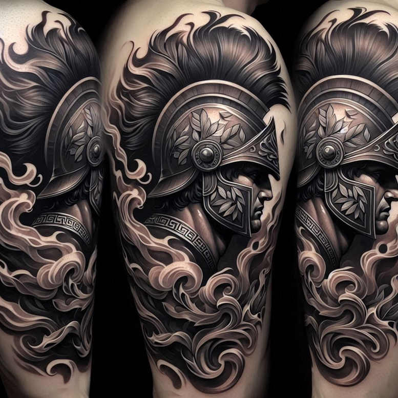 Black and grey Spartan helmet tattoo with laurel leaves and swirling smoke; AI-generated tattoo project, pattern, cover-up ready.