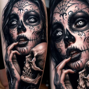 Black-and-grey sugar skull portrait on a woman's face with lace patterns, skull at the chin, and a visible hand; cover-up-ready tattoo project.