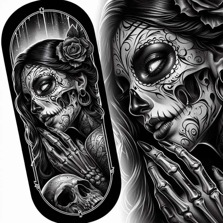Black and grey sugar skull portrait with rose in hair, ornate filigree, and skeletal hands inside a coffin-shaped oval frame; AI-generated tattoo project; cover-up ready.
