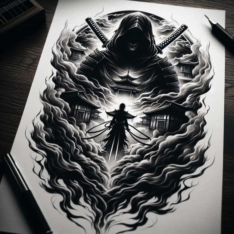 Hooded figure with katana, temple buildings, and swirling smoke in black and grey; a cover-up tattoo project idea.
