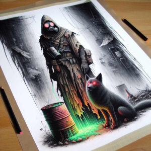 Dark post-apocalyptic tattoo project featuring a hooded figure in a tattered robe wearing a gas mask, a black cat with red eyes, and a neon-green barrel spill; black and grey with color accents; cover-up.
