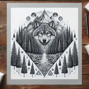 Wolf head with mountains, pine trees, and a water stream in black and grey; diamonds and triangles frame a cover-up-ready tattoo concept.
