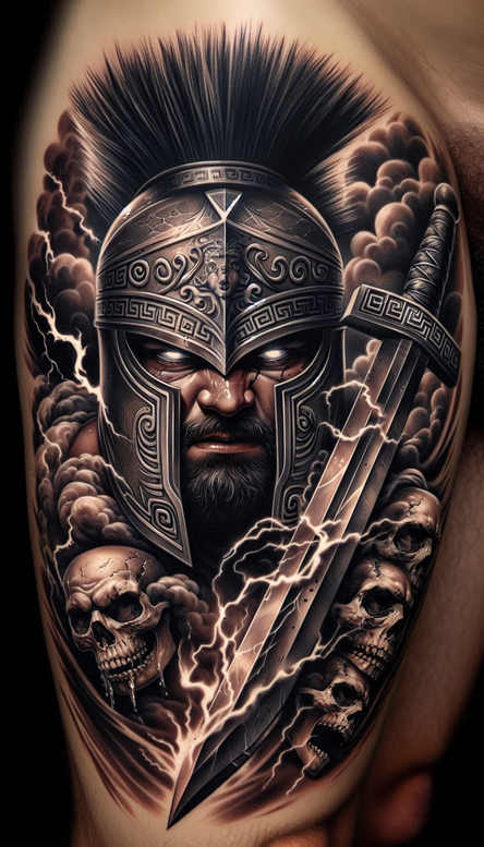 Black-and-grey tattoo project: helmet, sword, skulls, lightning, and clouds; cover-up-ready.