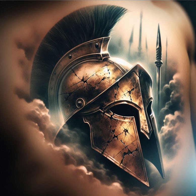 Spartan helmet with plume and spear behind, in bronze and steel tones; color tattoo project; not ideal for cover-up.