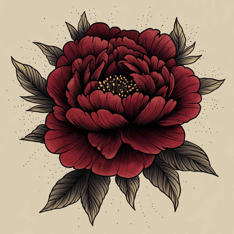 Red peony with dark green leaves and black outlines on beige background; color tattoo project; not ideal for cover-up.