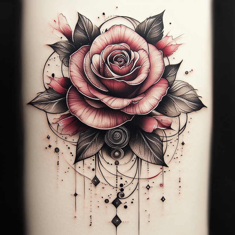 Rose with leaf, circle, diamond, and line motifs in black and grey with pink accents; tattoo project; cover-up suitable.