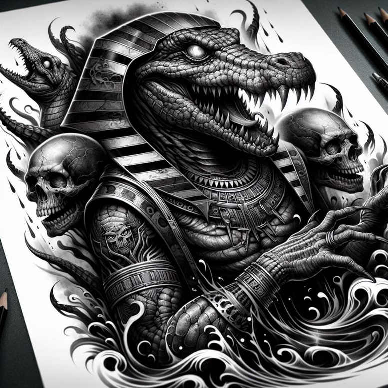 Black and grey crocodile armored warrior with skull accents and swirling waves; tattoo design concept, project for cover-up.