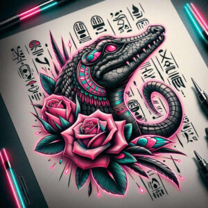 Crocodile head in black and grey shading with pink roses, teal leaves, and glyph-like symbols; tattoo project; not suitable for cover-up.