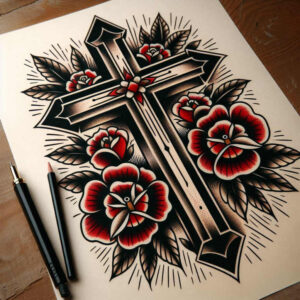 Cross tattoo in black and grey with red roses and leaves on white paper; concept for a tattoo project, suitable for a cover-up.