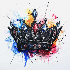 Crown outline with diamond pattern in black and grey; blue, yellow, red watercolor splashes; tattoo project concept, not a cover-up.