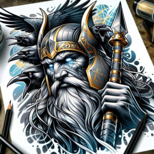 Black and grey tattoo design of a crowned king with ornate gold helmet and staff, blue eyes, long beard, and crow silhouettes in the background; cover-up-ready.