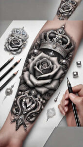 crowns-and-diamonds tattoo design ideas no shading delicate highlights for upper chest