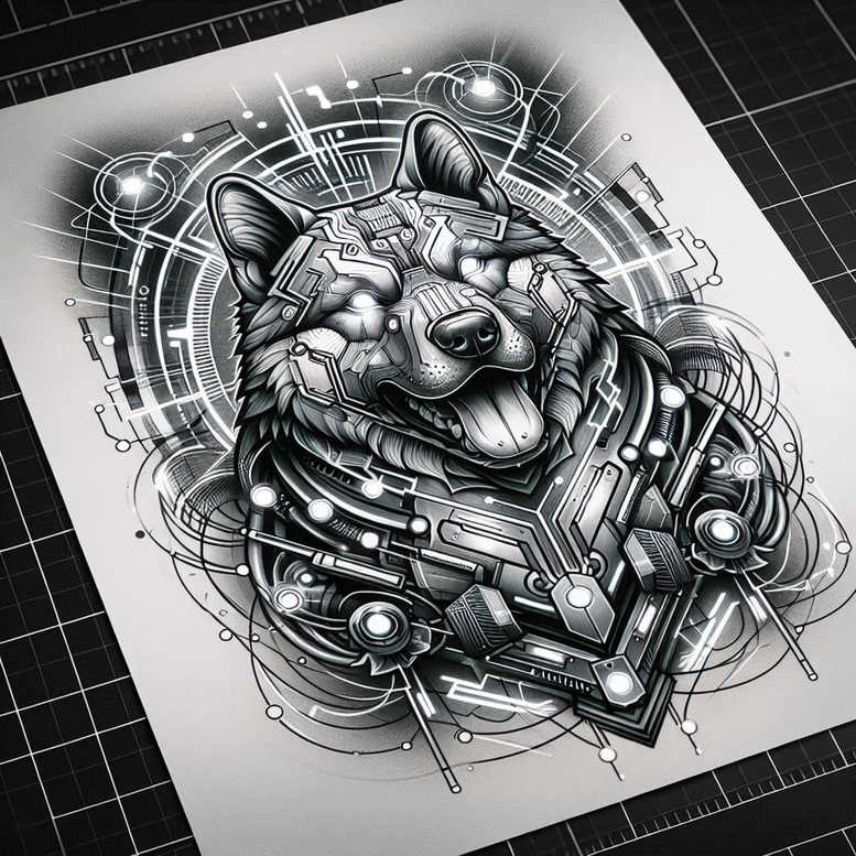 Black and grey cyber dog tattoo design featuring a robotic head, circuit patterns, gears, and panels; AI-generated tattoo project; ideal cover-up.