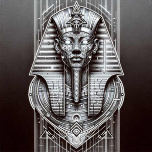 Black and grey cyber-Egyptian pharaoh head with ornate headdress, all-seeing eye within a triangle, and geometric circuitry; AI-generated tattoo project; suitable for cover-up.
