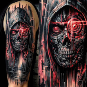 Dark black and grey cyber skull with red eye, gears and circuitry on leg; AI-generated tattoo project; cover-up suitable.