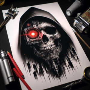 Skull with hood and robotic eye above a black and grey cityscape; a project concept; cover-up ready.
