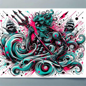 Sea-warrior with a trident amid teal and black waves; ships in background; black and turquoise ink; project tattoo design; not for cover-up.
