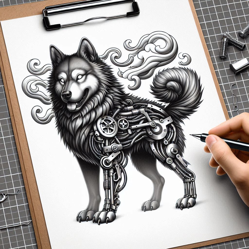 Black and grey wolf with exposed gear and tubing on its body, riveted plates; a hand holding a pen over a clipboard, AI-generated tattoo project, ideal for a cover-up.