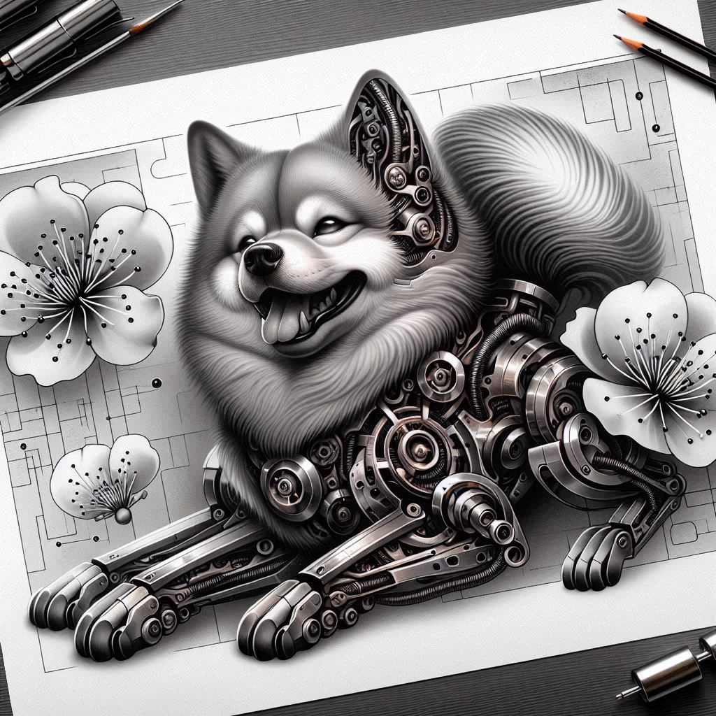 Black and grey dog, robotic arm, gear, and flower blossoms; AI-generated tattoo project.