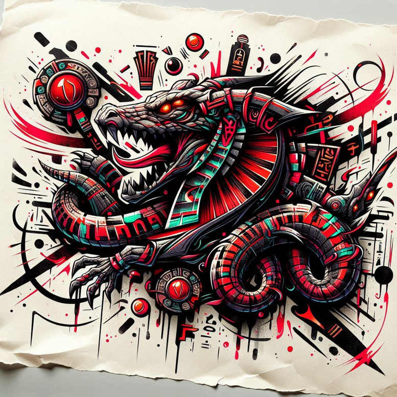 Color illustration of Sobek-inspired crocodile tattoo with black and red geometric patterns; concept design; cover-up-ready.