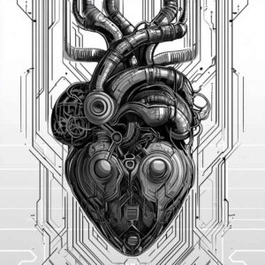 Mechanical cybernetic heart with tubes, cables, gears, and circuits; black and grey; AI-generated tattoo project; suitable for cover-up.