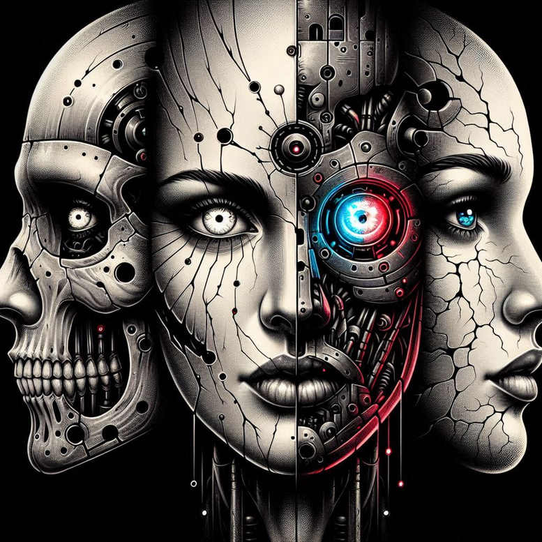 Cyborg half-face with skull on left, exposed circuitry and cracks, colored eye highlights; black and grey tattoo project, cover-up ready.