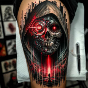 Black and grey cyborg skull under a hood with red eye, red neon beam, lone figure on the ground, visible circuits and vertical pattern lines; AI-generated tattoo project, cover-up ready.