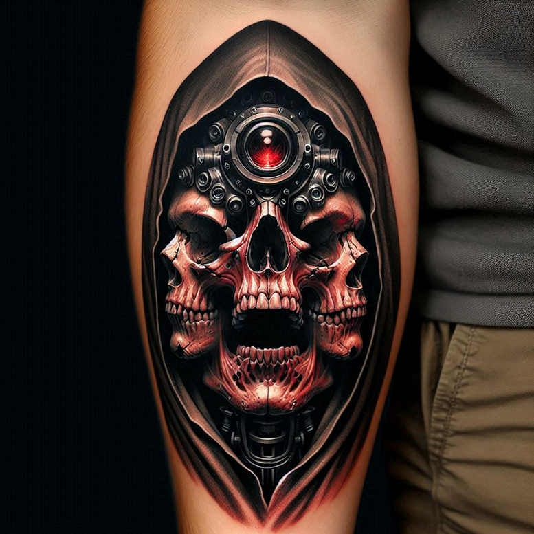 Skull under hood with a central mechanical eye and gears; black and grey tattoo project, suitable for a cover-up.
