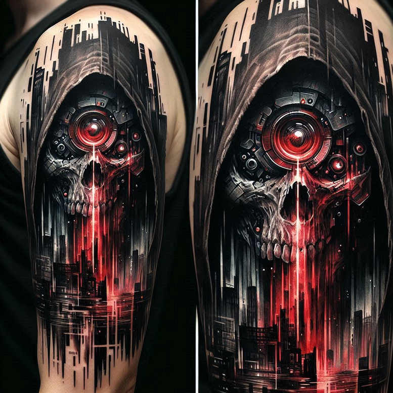 Visible elements: hood, skull, eye, gears, city skyline; black and grey with red accents; AI-generated tattoo project; suitable for cover-up.