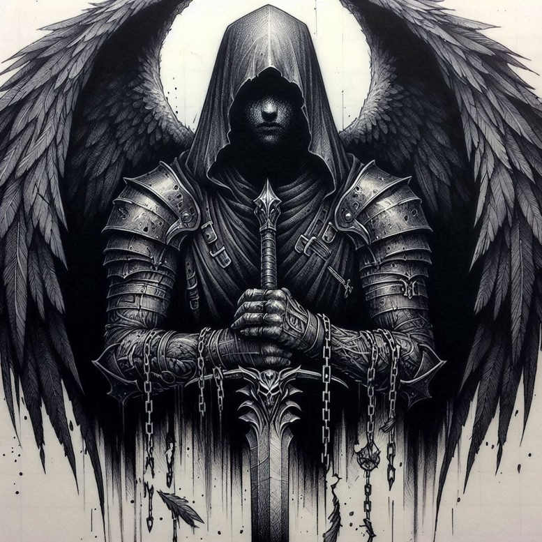 Dark grayscale hooded knight with wings, armored arms, ornate sword and chain, with pattern on armor; black and grey tattoo project, suitable for cover-up.