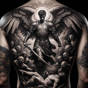 Black and grey back piece showing angel, wings, halo, sword, and skeletons; tattoo project ideal for cover-up.