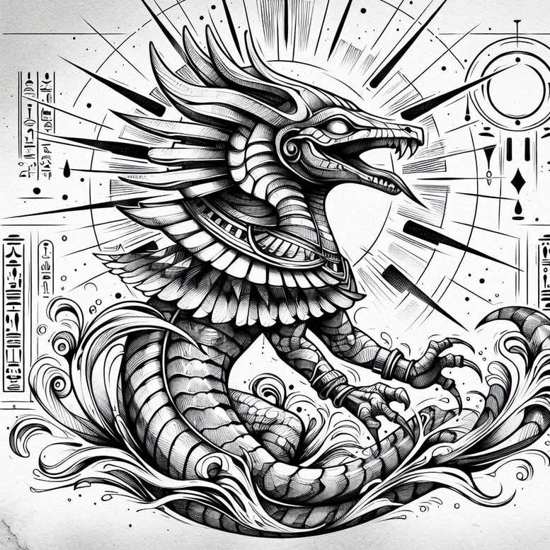 Dragon with wings, waves, runes, circles in black and grey; AI-generated tattoo project; cover-up-ready.