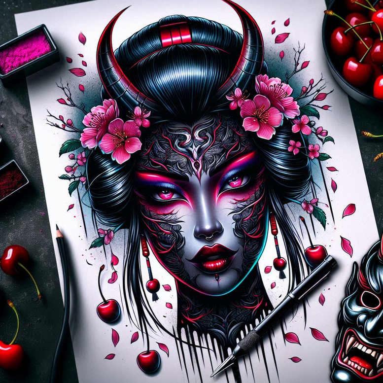 Face of horned fantasy woman in black and grey with pink and red accents, surrounded by flower blossoms and petals, cherries, earrings, ink pen on paper; AI-generated tattoo project, suitable for cover-up.