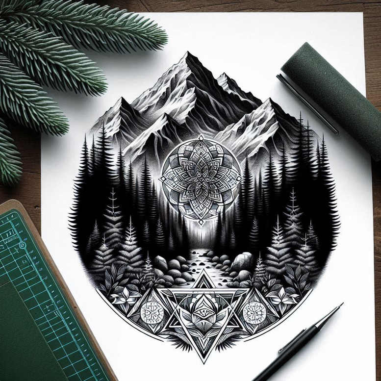 Black and grey tattoo design featuring mountain, tree, mandala, rock, river, and triangle shapes; cover-up project.