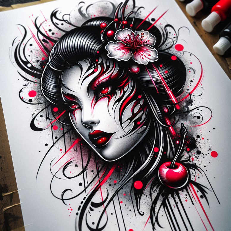 Geisha face with flowing black hair, flower hairpin, and red cherry accent; black and grey tattoo project, cover-up ready.