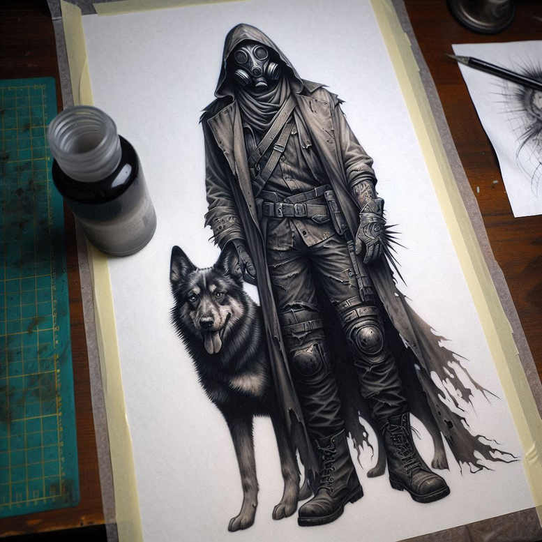 Hooded figure wearing a gas mask beside a dog, rendered in black and grey; AI-generated tattoo project concept, ideal for a cover-up.