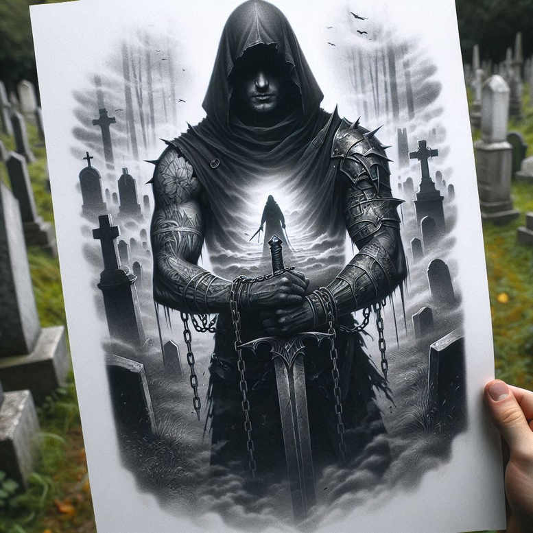 Hooded dark warrior in black and grey armor, gripping a sword with chains, set in a foggy graveyard with crosses; a tattoo project, suitable for cover-up.