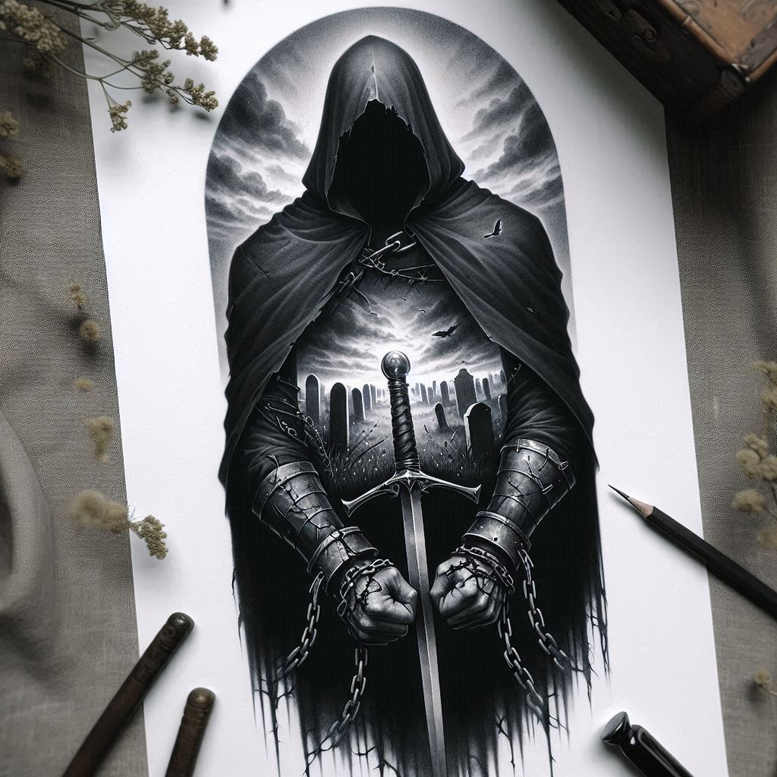 Hooded figure, sword, chains, gauntlets, armor, tombstone, and clouds rendered in black and grey; tattoo project concept, suitable for a cover-up; AI-generated design.