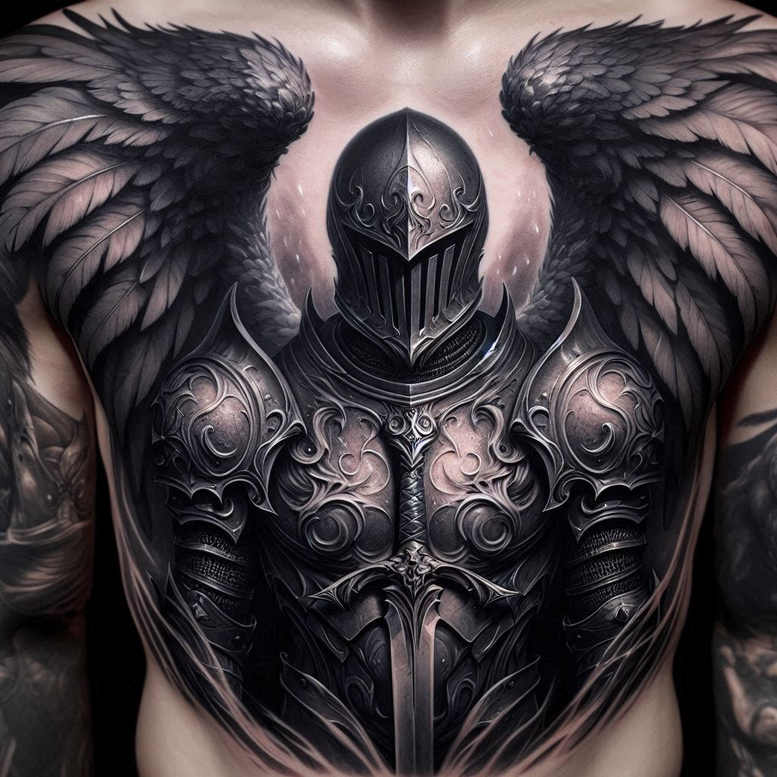 Armor, wings, helmet, and sword in black and grey; tattoo project; perfect for a cover-up.